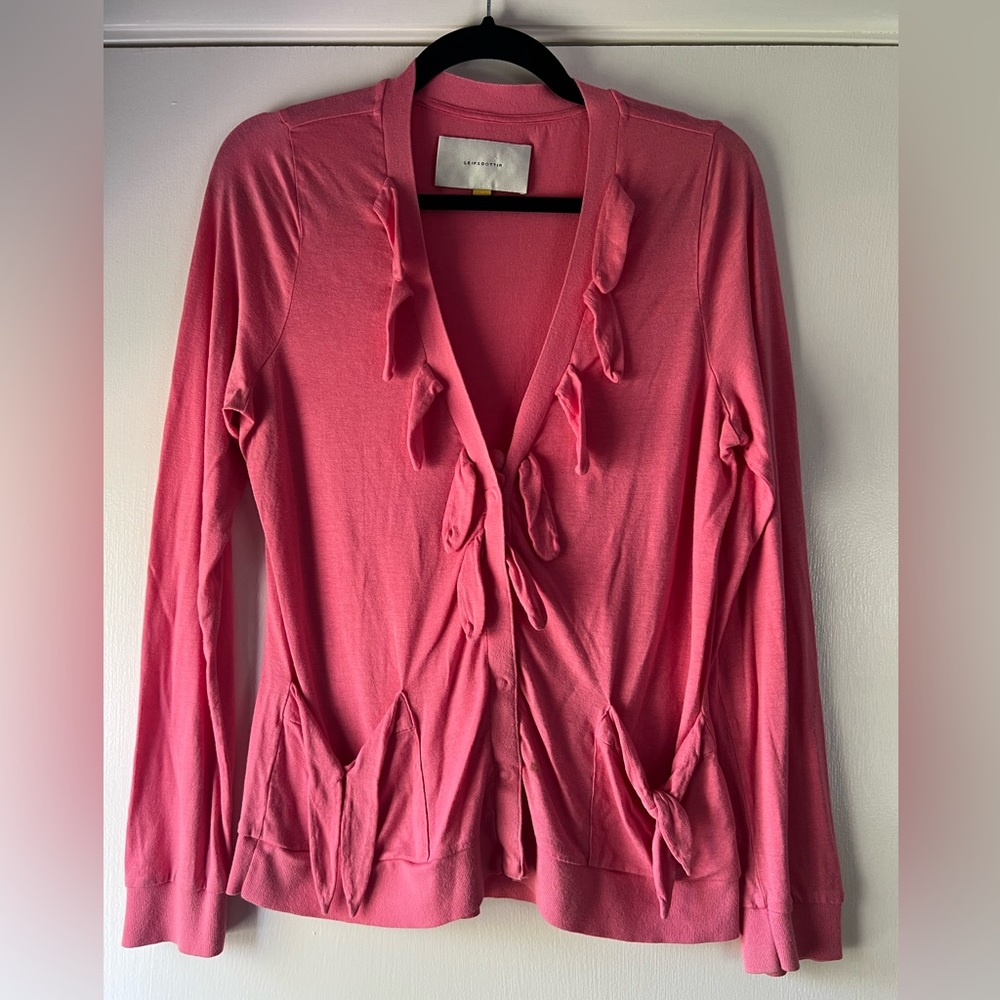 Leifsdottir Anthropologie Pink Knit Cardigan  Fringe Detail Tie Back Boho Chic